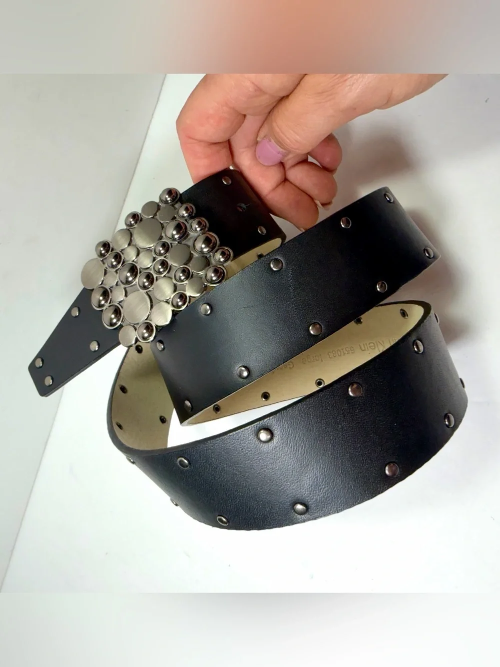 Vintage Calvin Klein Black Leather Belt Women L Studded Mosaic Statement Buckle